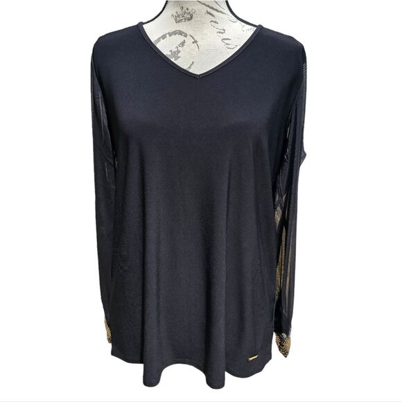 Anne Klein -505 NWT V-Neck Long Sleeve Embellished Cuffs Top‎ Size Small Black - Picture 1 of 8